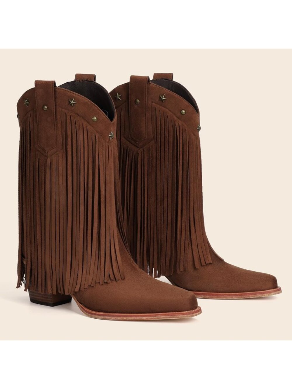 Women's Dark Brown Faux Suede Cowgirl Boots Star Studded Mid Calf Chunky Heels - Picture 6 of 6